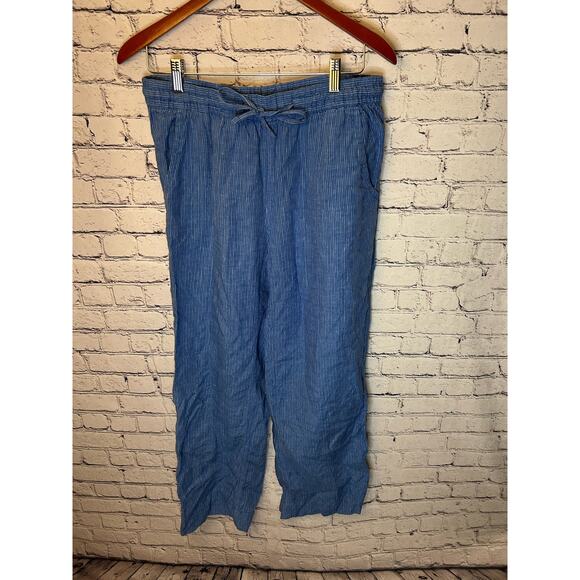 SALE!! LL Bean women's size 10 pants blue white pinstripe elastic waist tie stri - Picture 1 of 3
